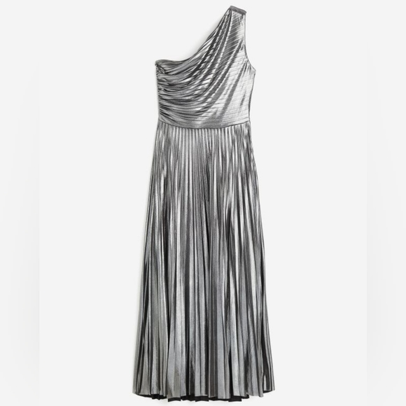 BNWT H&M Metallic-Coated Draped One-Shoulder Pleated Jersey Dress Silver Sz S, L - Picture 8 of 9